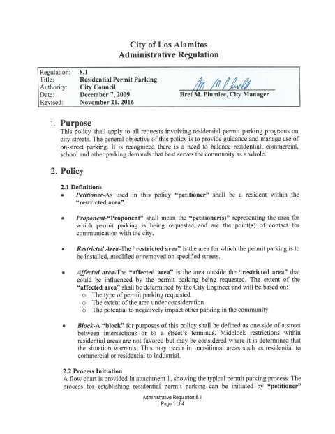 First page of the Residential Parking Permit Petition