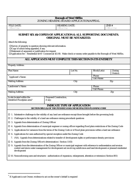 First page of the Zoning Hearing Board Application or Appeal