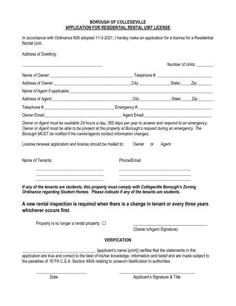 First page of the Residential Rental Unit License Application