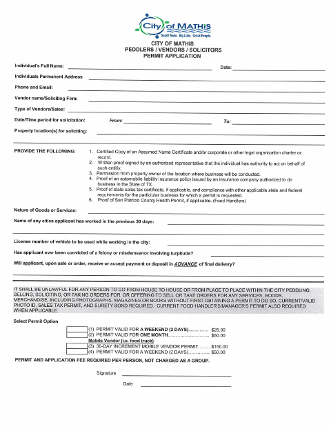 First page of the Peddlers, Vendors, and Solicitors Permit Application and Property Permission Form
