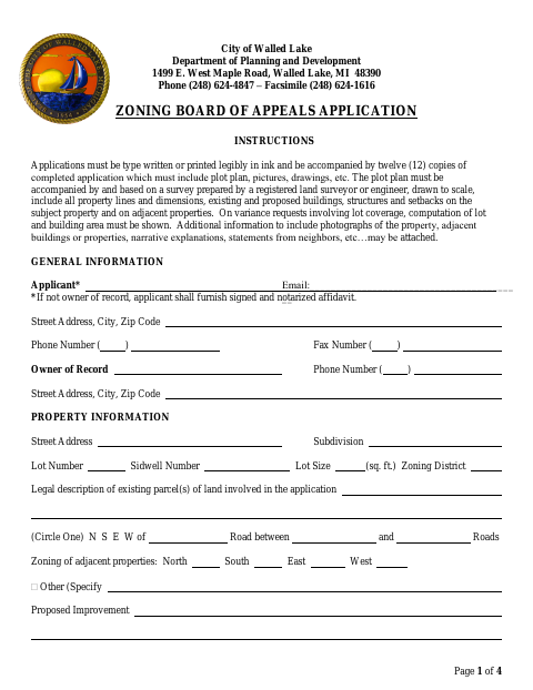 First page of the Zoning Board of Appeals Application