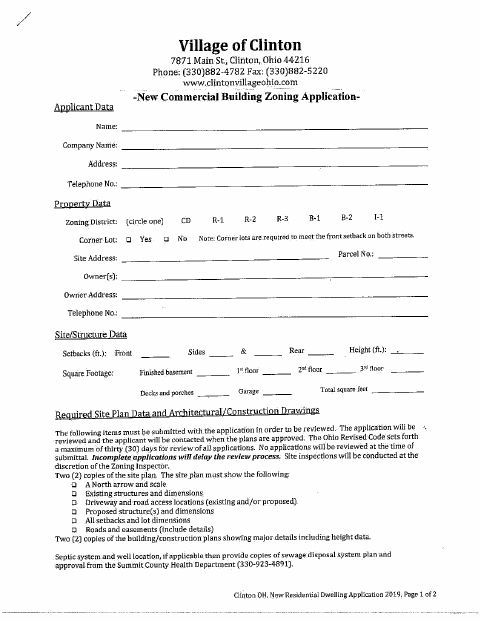 First page of the New Commercial Building and Zoning Application