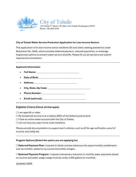 First page of the Water Service Protection Application for Low-Income Seniors