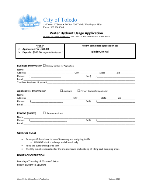 First page of the Water Hydrant Usage Application
