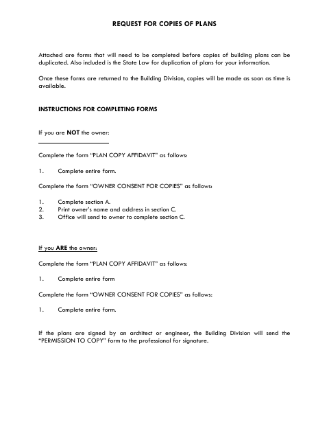 First page of the Request for Copies of Plans