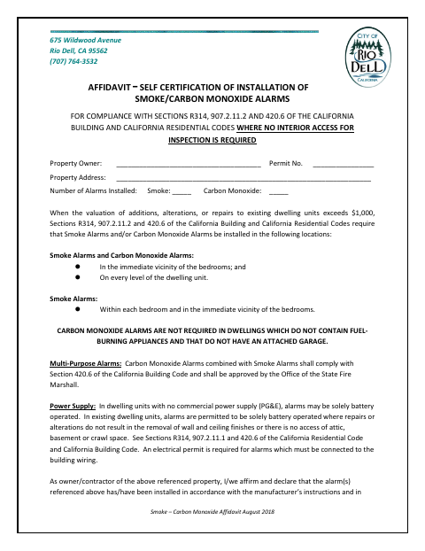 First page of the Smoke–Carbon Monoxide Alarms Affidavit