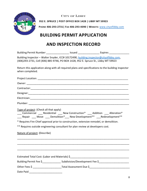 First page of the Building Permit Application and Inspection Record