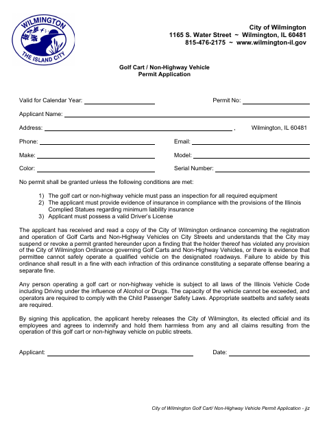 First page of the Golf Cart / Non-Highway Vehicle Permit Application