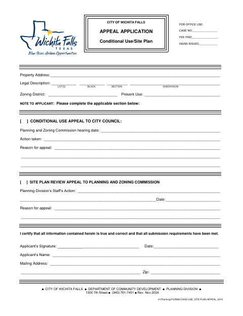 First page of the Conditional Use/Site Plan Appeal Application