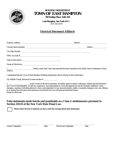 First page of the Affidavit for Electrical Disconnect
