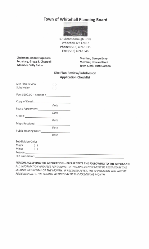 First page of the Site Plan Review and Subdivision Application