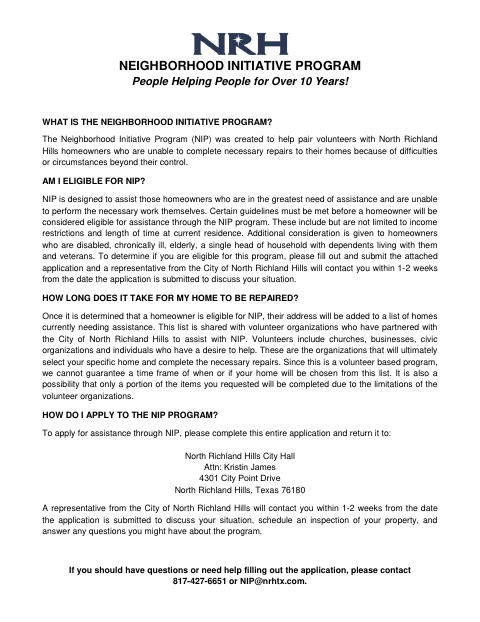 First page of the Neighborhood Initiative Program Application