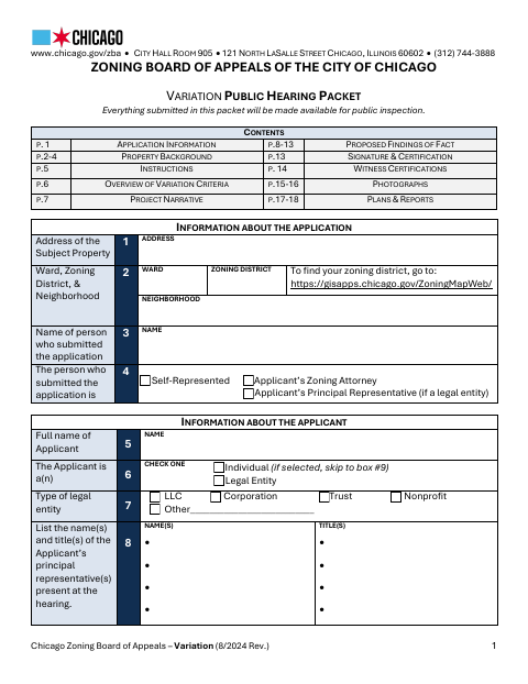 First page of the Zoning Board of Appeals Variation Public Hearing Packet