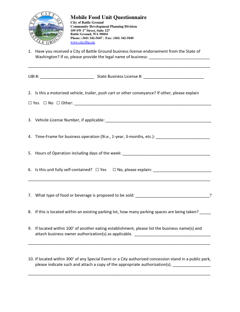 First page of the Mobile Food Unit Questionnaire