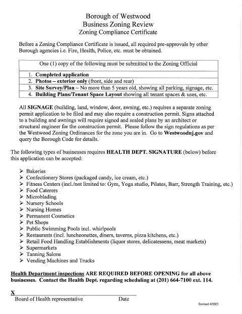 First page of the Business Zoning Review for Zoning Compliance Certificate
