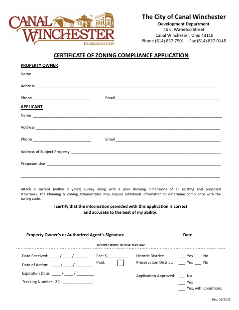 First page of the Certificate of Zoning Compliance Application