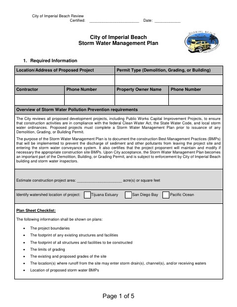 First page of the Storm Water Management Plan