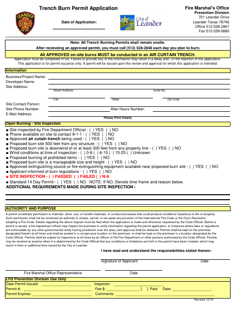 First page of the Trench Burn Permit Application