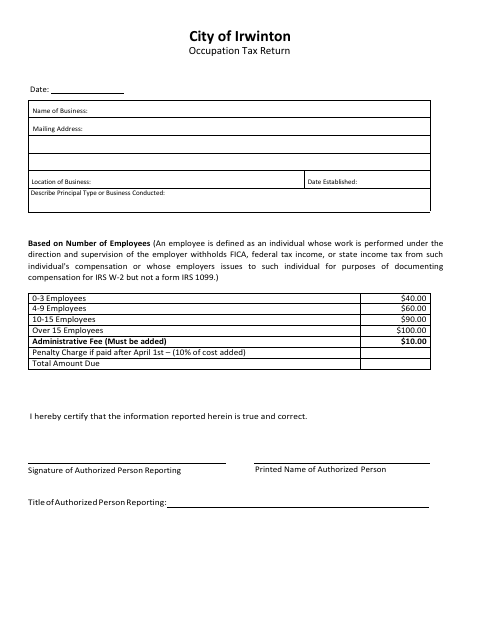 First page of the Business Occupation Tax Return