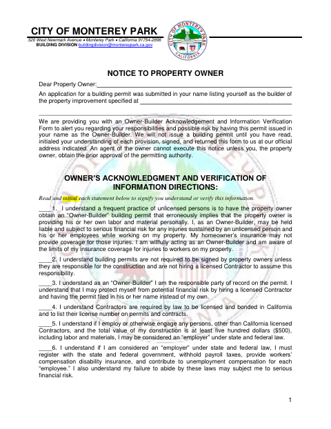 First page of the Owner Builder Acknowledgement