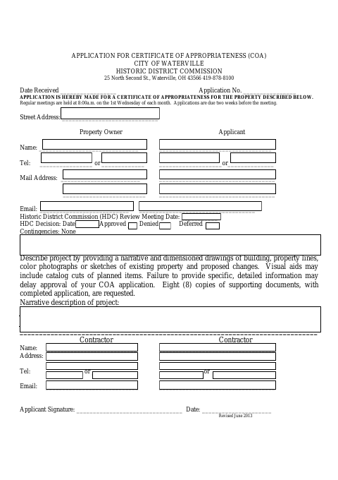 First page of the Application for Certificate of Appropriateness