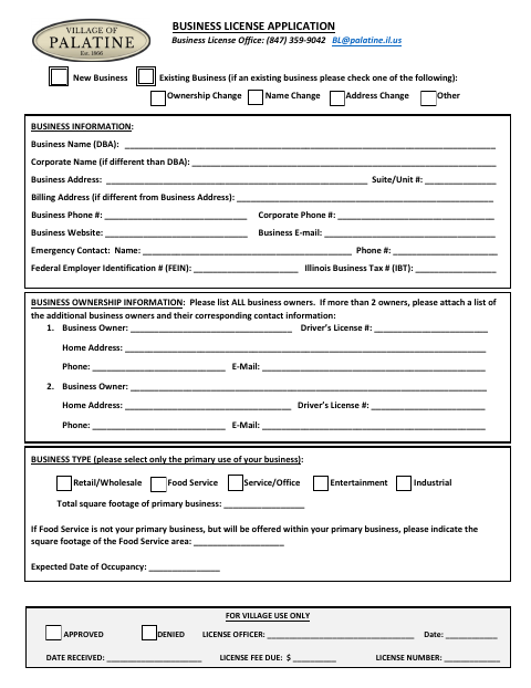 First page of the Business License Application