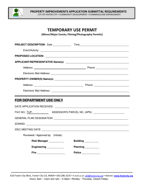 First page of the Temporary Use Permit (Events/Photography/Filming)