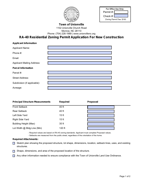 First page of the RA-40 Residential Zoning Permit Application for New Construction