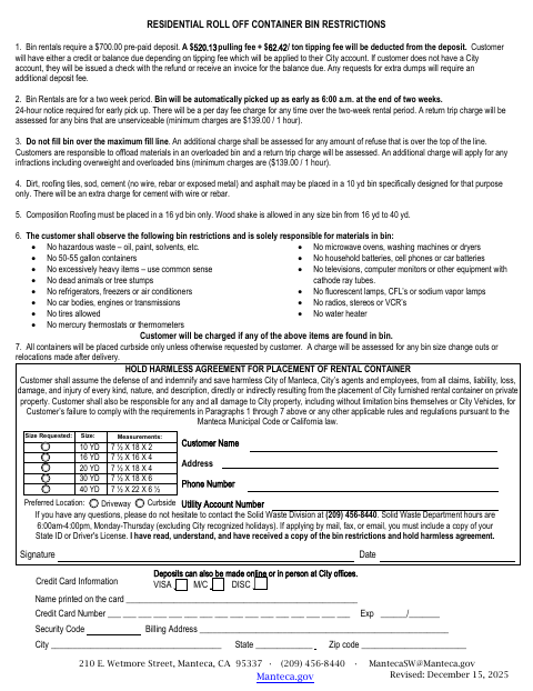 First page of the Residential Roll Off Container Bin Restrictions