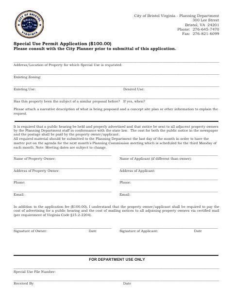 First page of the Special Use Permit Application