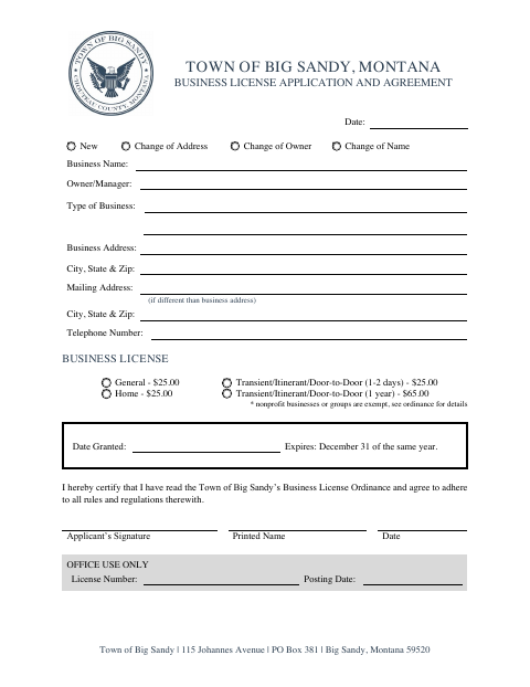 First page of the Business License Application and Agreement