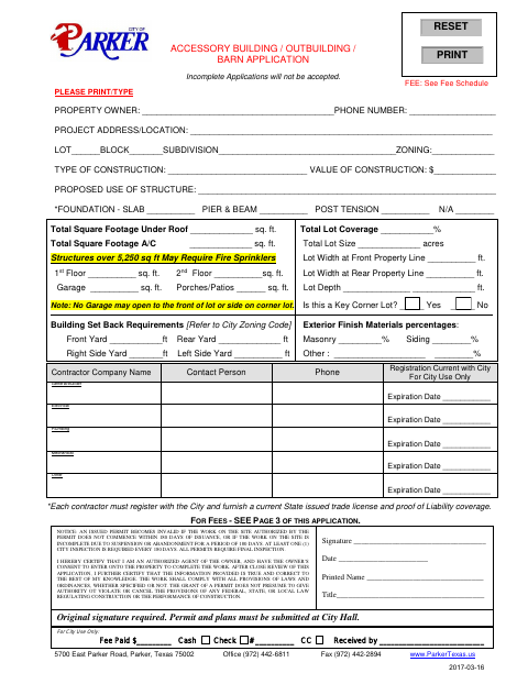 First page of the Accessory/Outbuilding Permit Application