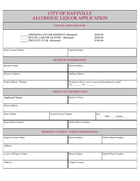 First page of the Alcoholic Liquor Application
