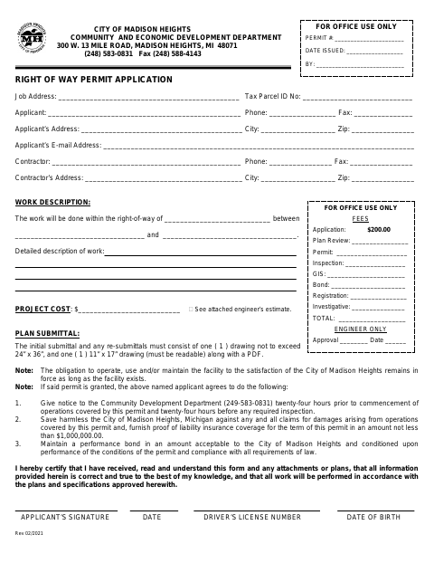 First page of the Right of Way Permit Application