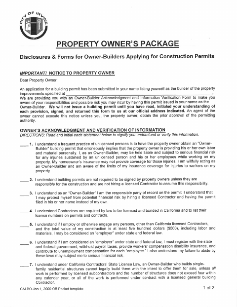 First page of the Property Owner’s Package: Disclosures and Forms for Owner-Builders