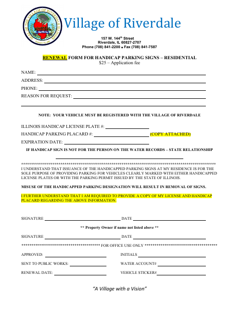 First page of the Renewal Form for Handicap Parking Signs – Residential