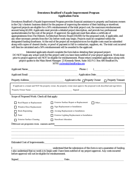 First page of the Downtown Bradford Façade Improvement Program Application Form