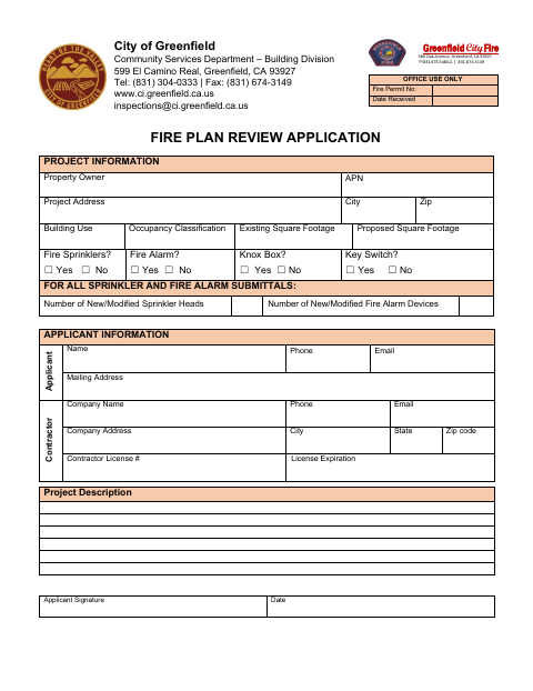First page of the Fire Plan Review Application