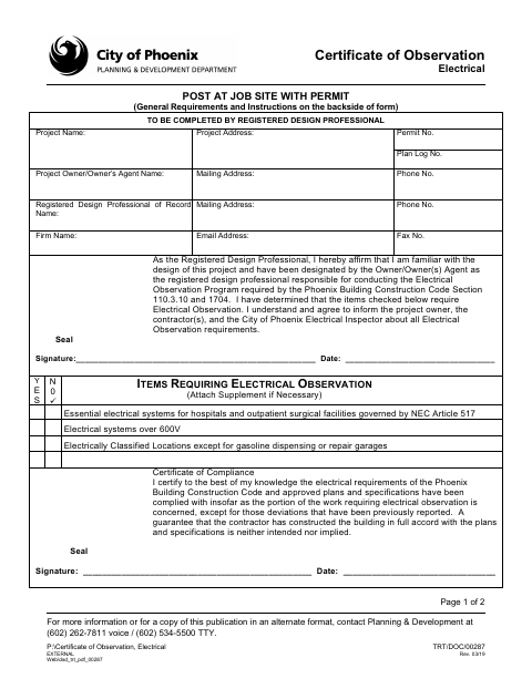 First page of the Certificate of Observation, Electrical