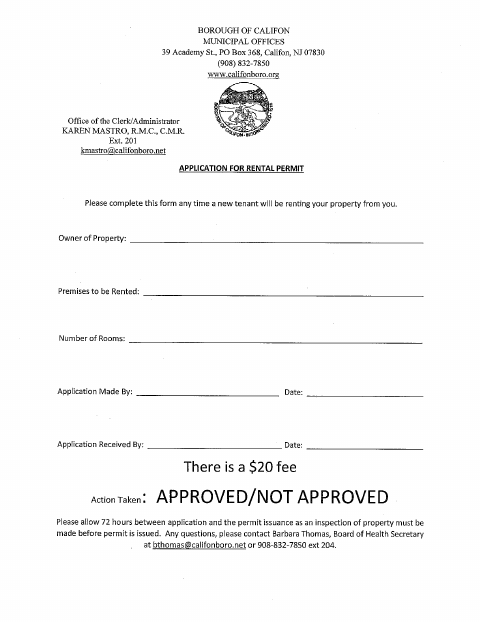First page of the Application for Rental Permit