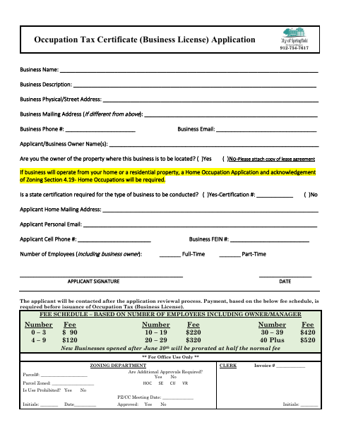 First page of the Occupation Tax Certificate (Business License) Application