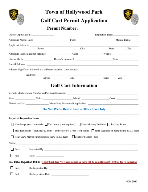 First page of the Golf Cart Permit Application