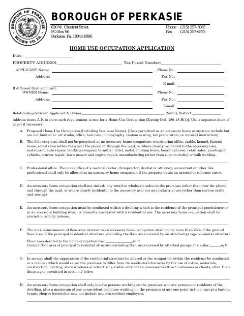 First page of the Home Use Occupation Application