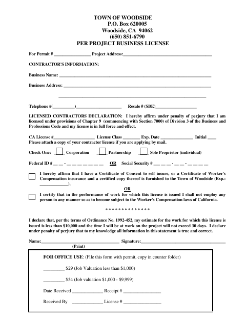 First page of the Per Project Business License