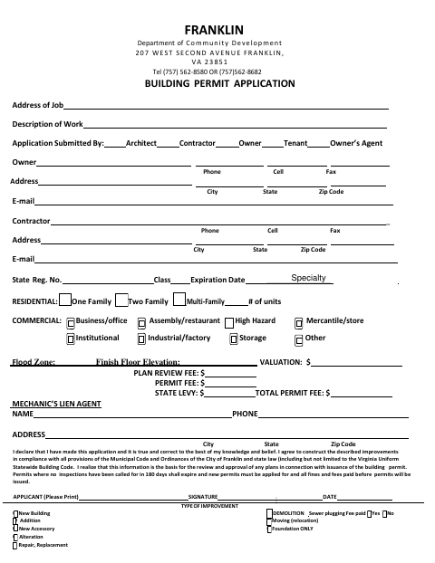 First page of the Building Permit Application