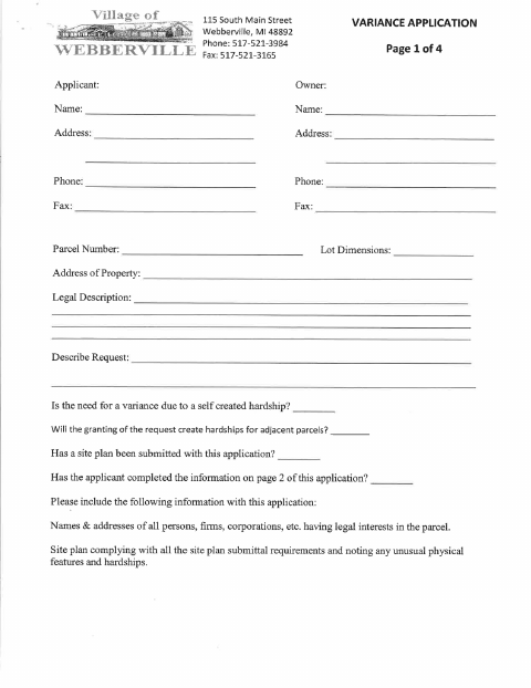 First page of the Variance Application