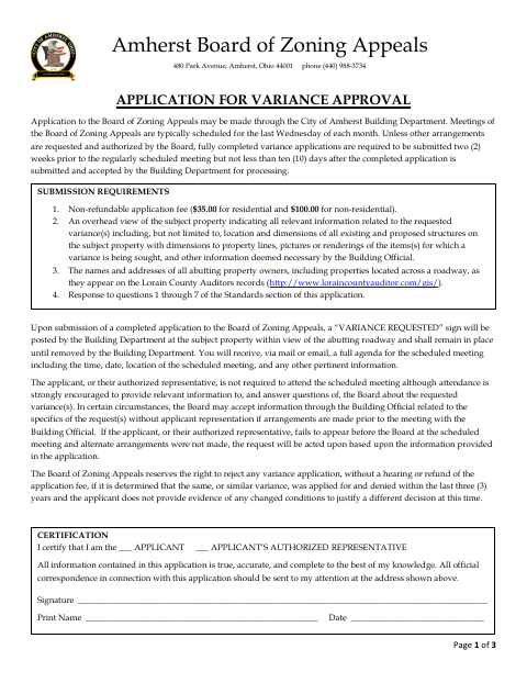 First page of the Application for Variance Approval