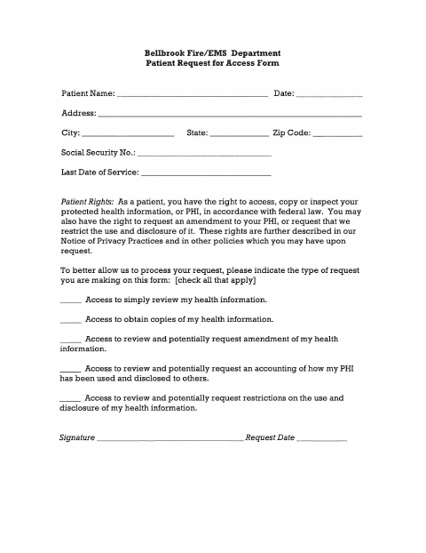 First page of the Patient Request for Access