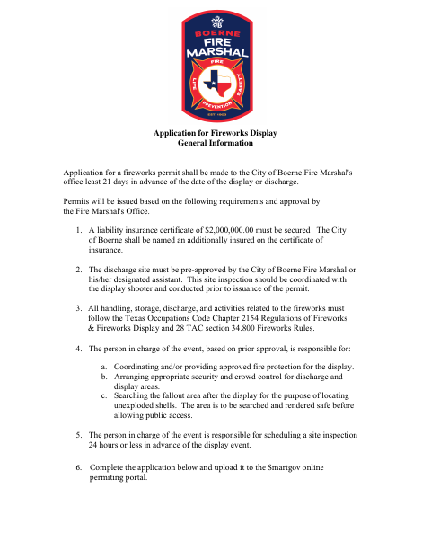 First page of the Application for Fireworks Display