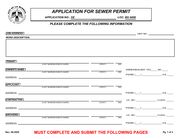 First page of the Sewer Permit Application
